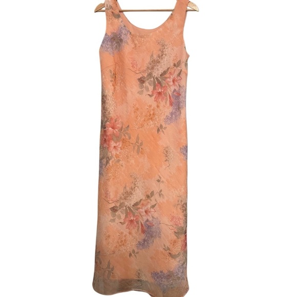 karin stevens Dresses & Skirts - VTG Karin Stevens Sheer Overlay Sleeveless Peach Floral Fairy Midi Slip Dress 10